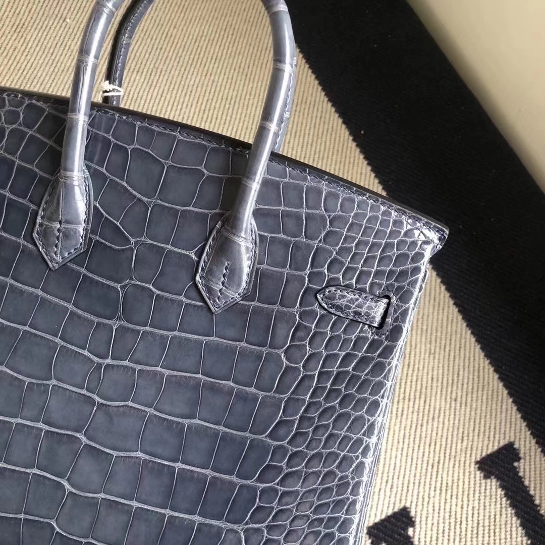 Hermès（爱马仕）Birkin 铂金包 亮面框框美洲鳄 N7风暴蓝 蜡线全手工 金扣 25cm