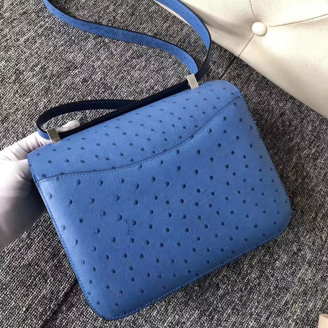 Hermès（爱马仕）Constance 空姐包 ostrich kk鸵鸟 7Q希腊蓝 蜡线全手工 23cm 接受预定