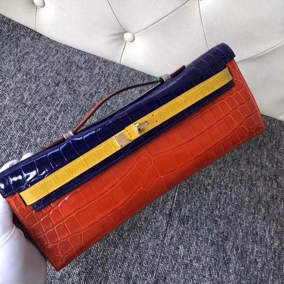 Hermès（爱马仕）Kelly cut 31cm Crocodile shiny 多拼色 银扣