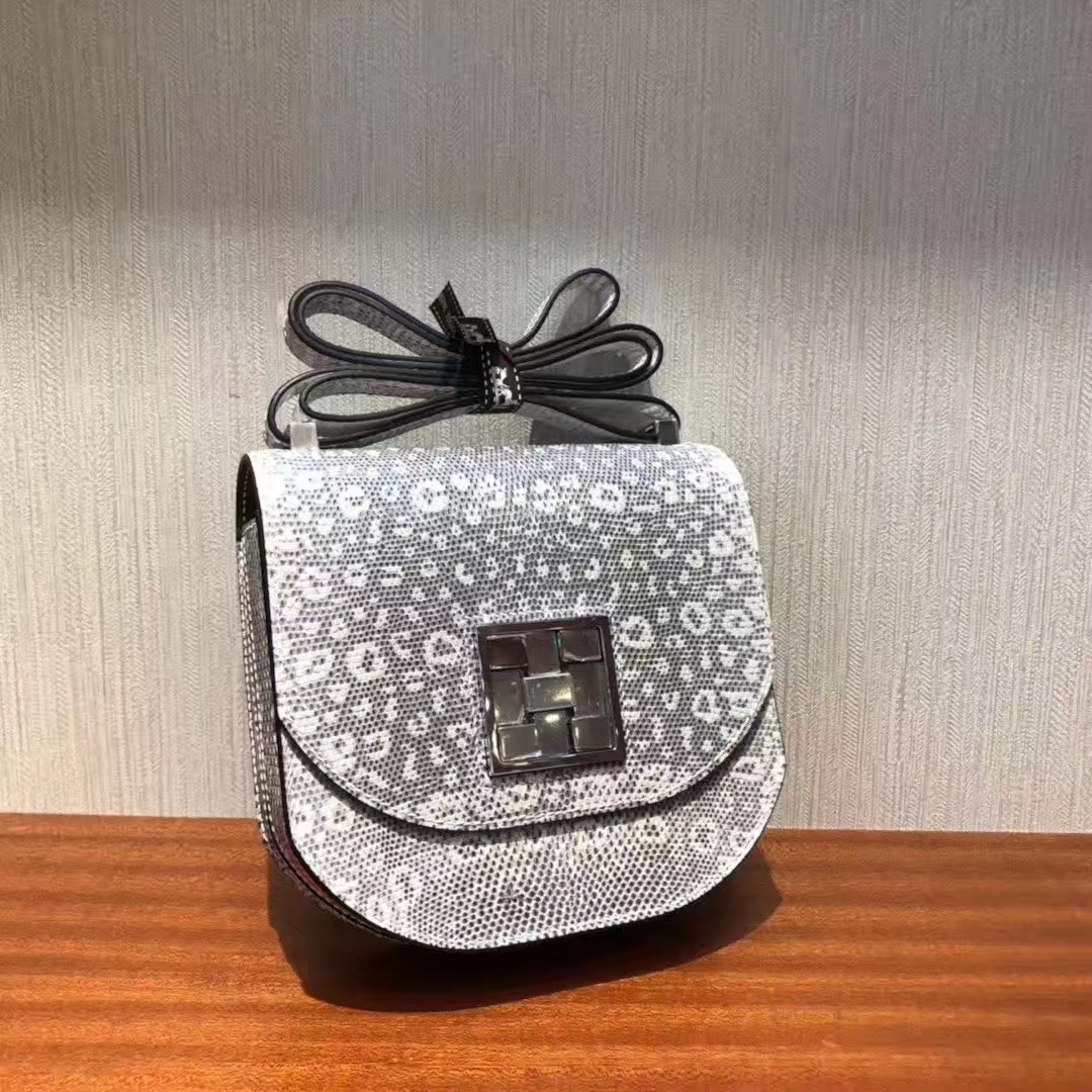 Hermès（爱马仕）Mosaique 马赛克包 Lizard 原厂亮面蜥蜴 雪花色蜥蜴内拼墨绿色 银扣 17cm 现货