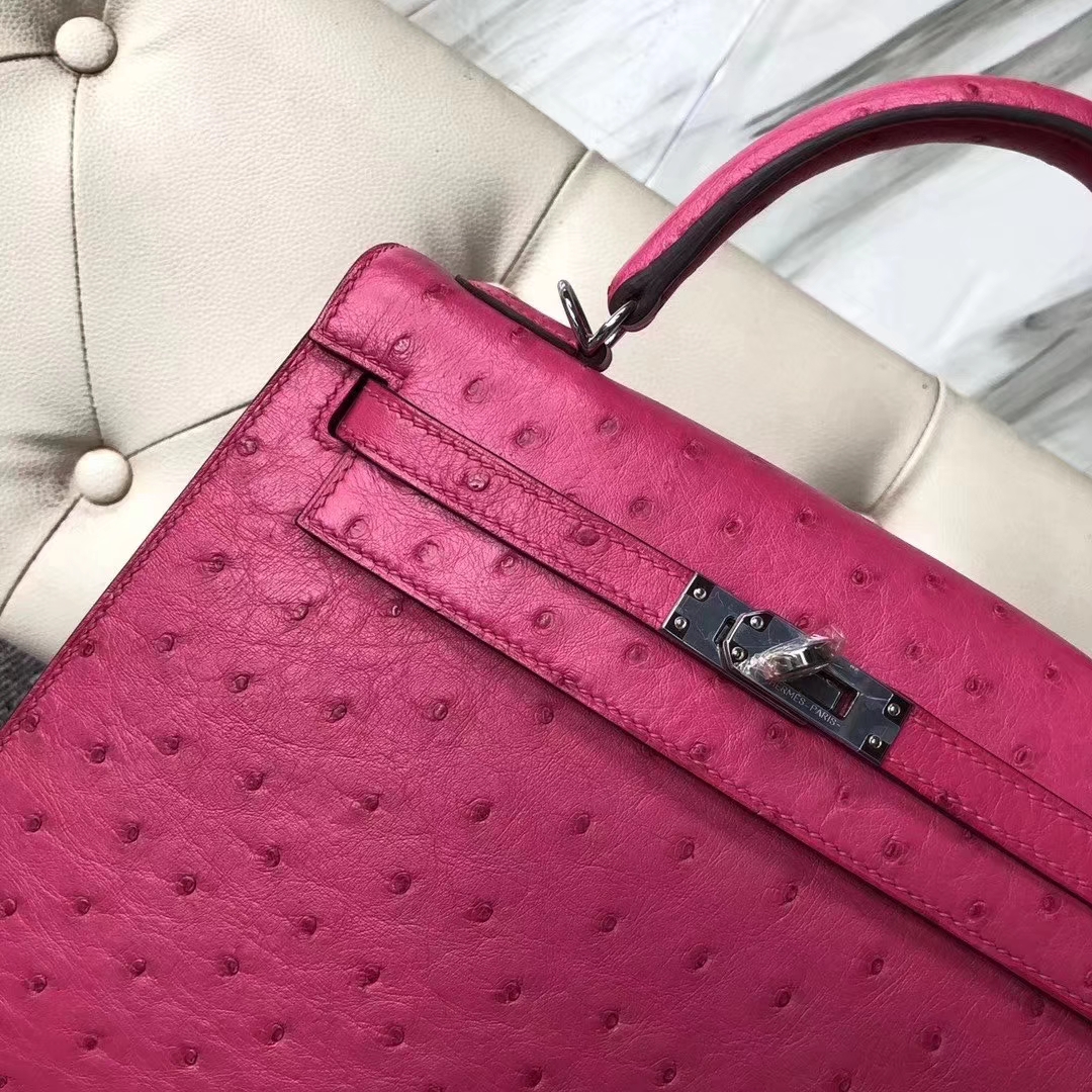 Hermès(爱马仕)Kelly 凯莉包 ostrich kk鸵鸟 顶级鸵鸟皮 桃红 蜡线全手工 银扣 25cm-拉尔森鳄鱼皮具定制 - 爱马仕包包官网 Hermès(爱马仕)Kelly 凯莉包 ostrich kk鸵鸟 顶级鸵鸟皮 桃红 蜡线全手工 银扣 25cm