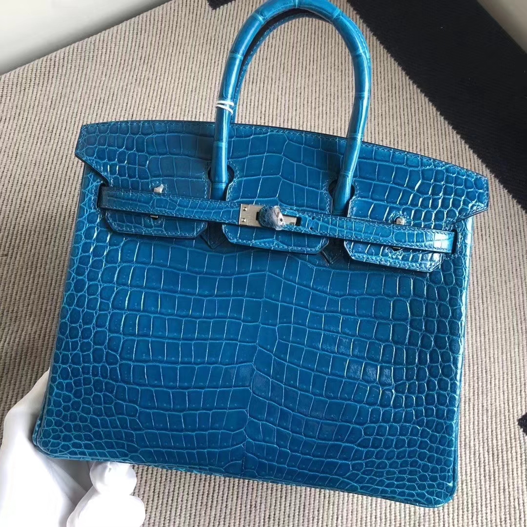Hermès（爱马仕）Birkin 铂金包 亮面澳洲湾鳄 7W伊兹密尔蓝 顶级工艺 蜡线全手工 银扣 25cm