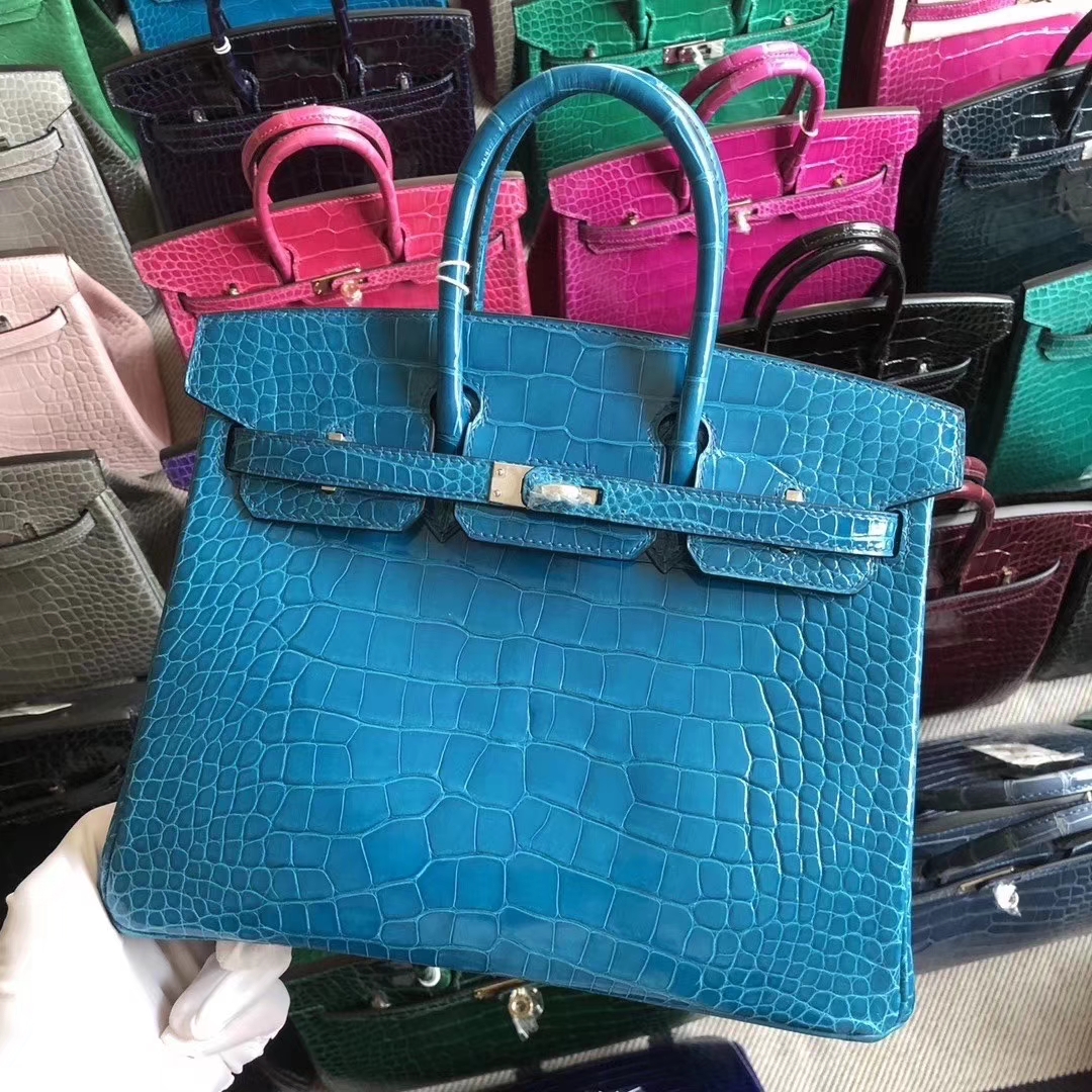 Hermès（爱马仕）Birkin 铂金包 亮面鳄鱼 7w 伊兹密尔蓝 金扣 银扣 25cm 现货