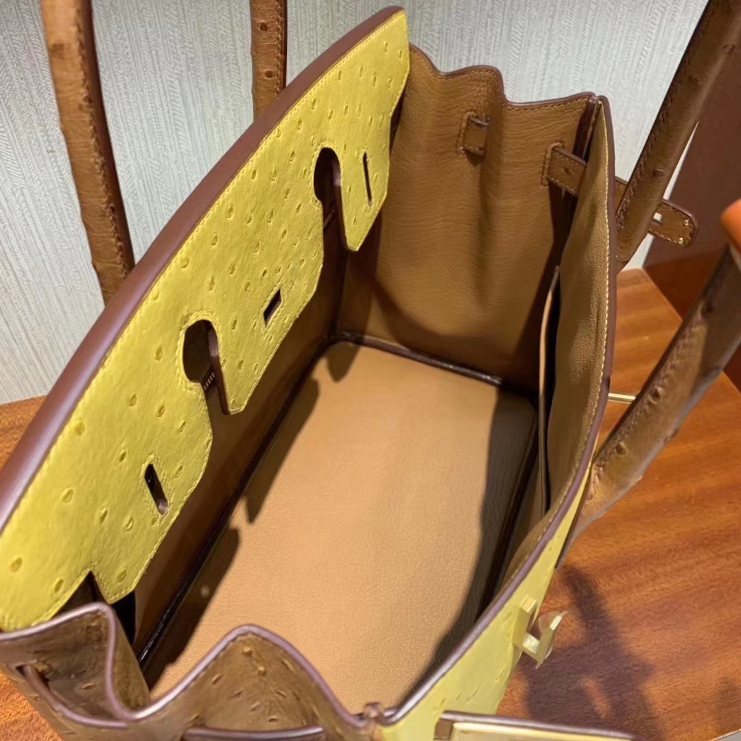 Hermès（爱马仕）Birkin 铂金包 ostrich kk鸵鸟 顶级鸵鸟皮 9D琥珀黄拼金棕色 蜡线全手工 拉丝金扣 30cm