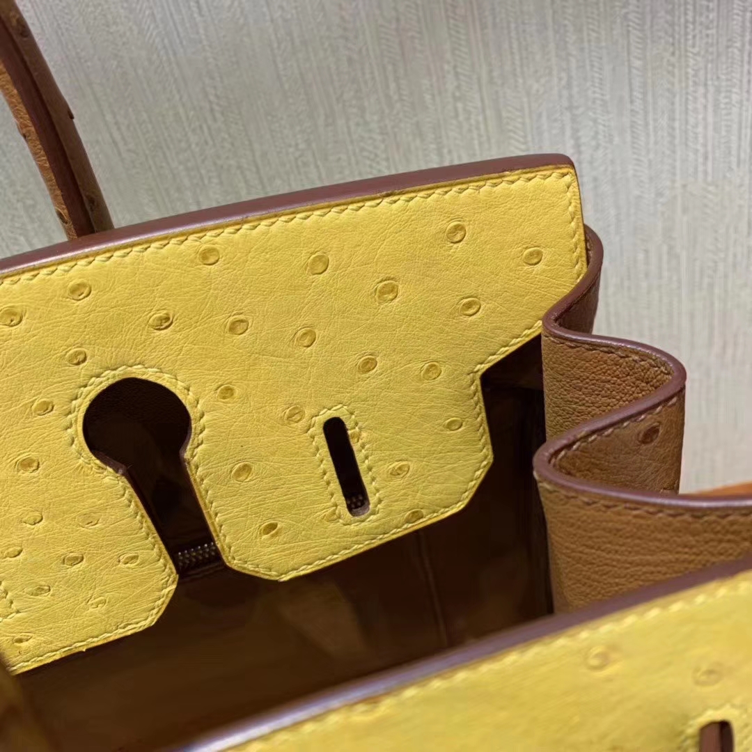 Hermès（爱马仕）Birkin 铂金包 ostrich kk鸵鸟 顶级鸵鸟皮 9D琥珀黄拼金棕色 蜡线全手工 拉丝金扣 30cm