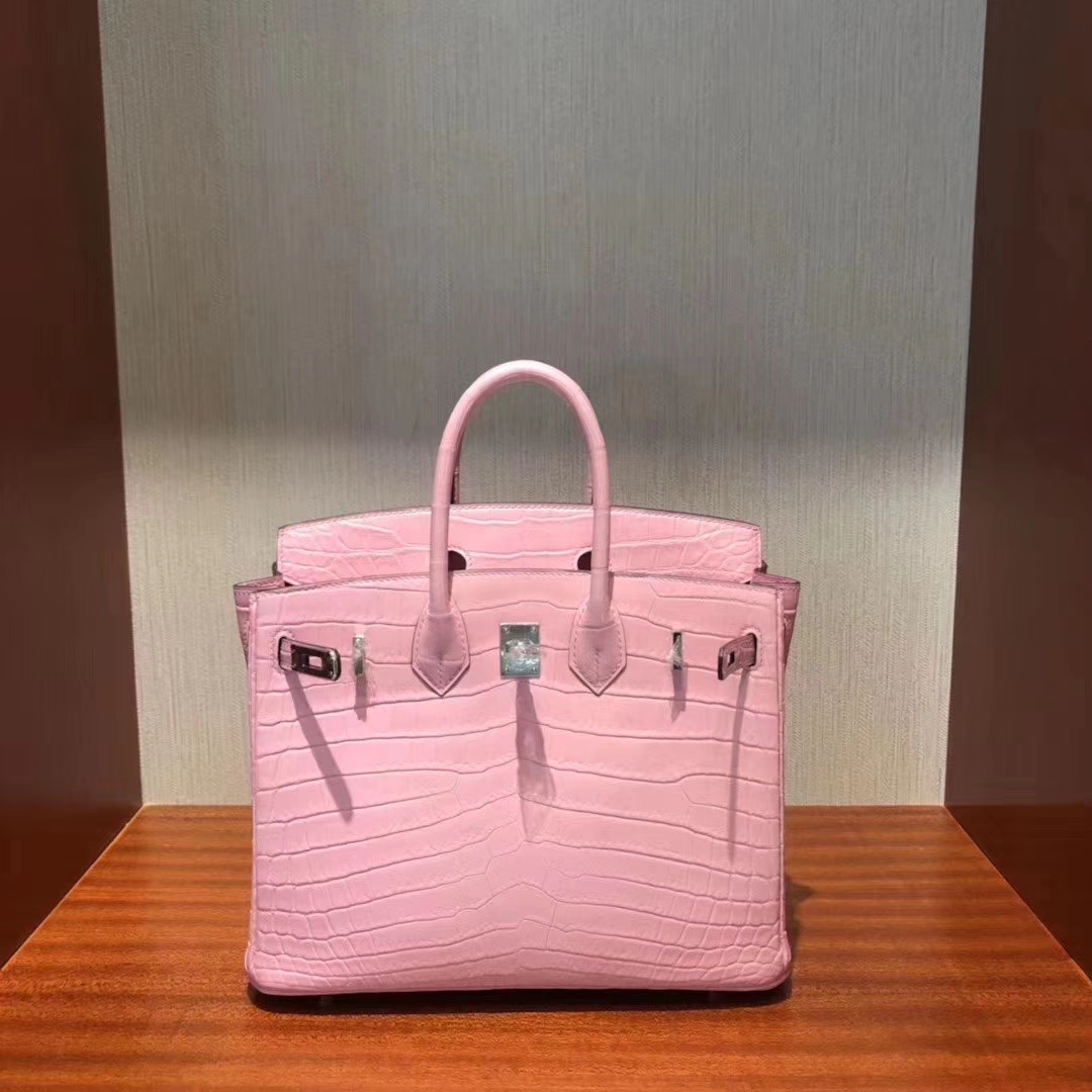 Hermès（爱马仕）Birkin 铂金包 雾面两点汨罗鳄 5P樱花粉 顶级工艺 蜡线全手工 银扣 25cm