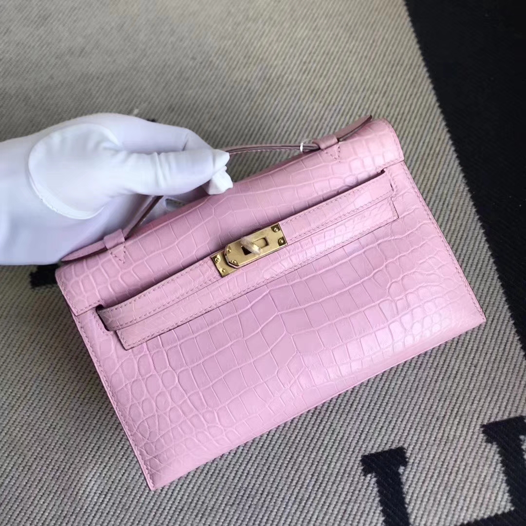Hermès（爱马仕）MiniKelly 雾面两点汨罗鳄 5P樱花粉 顶级工艺 蜡线全手工金扣 22cm