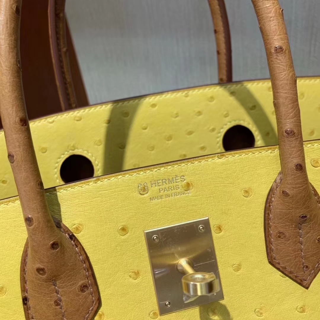 Hermès（爱马仕）Birkin 铂金包 ostrich kk鸵鸟 顶级鸵鸟皮 9D琥珀黄拼金棕色 蜡线全手工 拉丝金扣 30cm