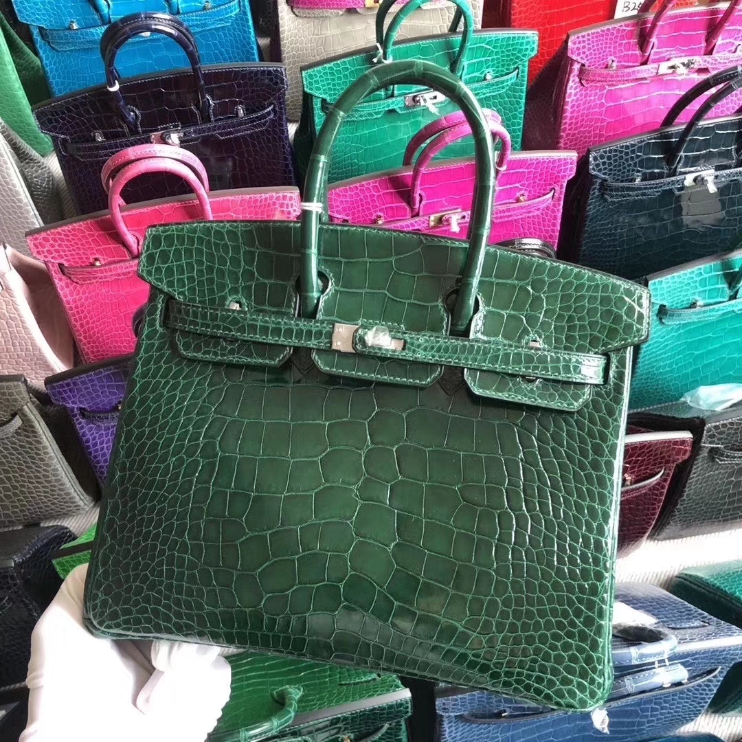 Hermès（爱马仕）Birkin 铂金包 亮面鳄鱼 ck67祖母绿 银扣 25cm 现货