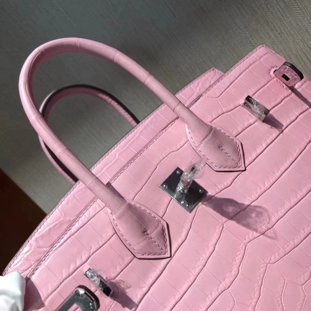 Hermès（爱马仕）Birkin 铂金包 雾面两点汨罗鳄 5P樱花粉 顶级工艺 蜡线全手工 银扣 25cm