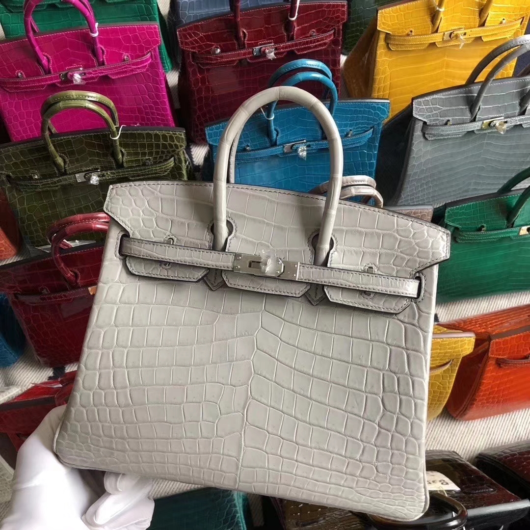 Hermès（爱马仕）Birkin 铂金包 Crocodile matt 雾面鳄鱼 珍珠灰 25cm 银扣