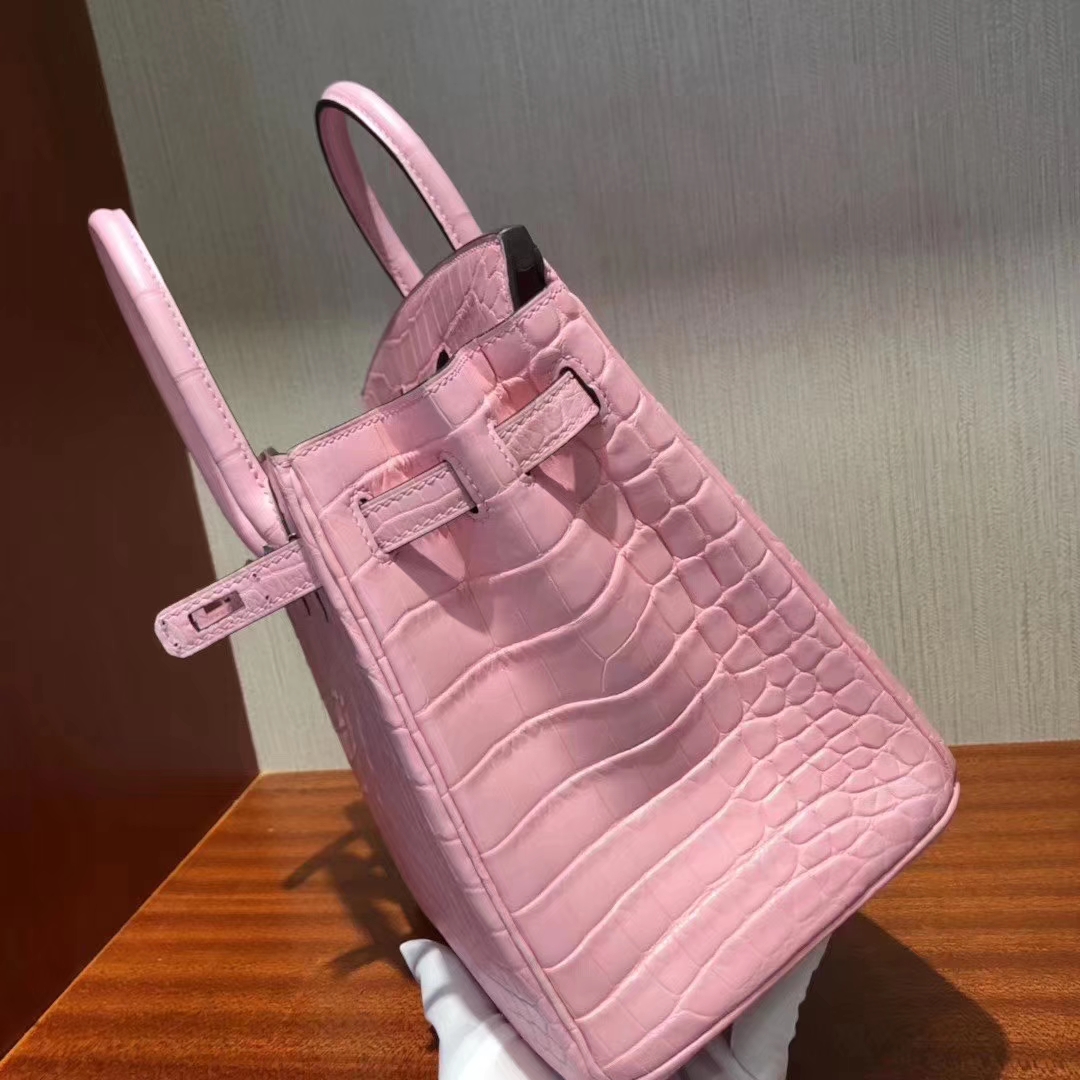 Hermès（爱马仕）Birkin 铂金包 雾面两点汨罗鳄 5P樱花粉 顶级工艺 蜡线全手工 银扣 25cm