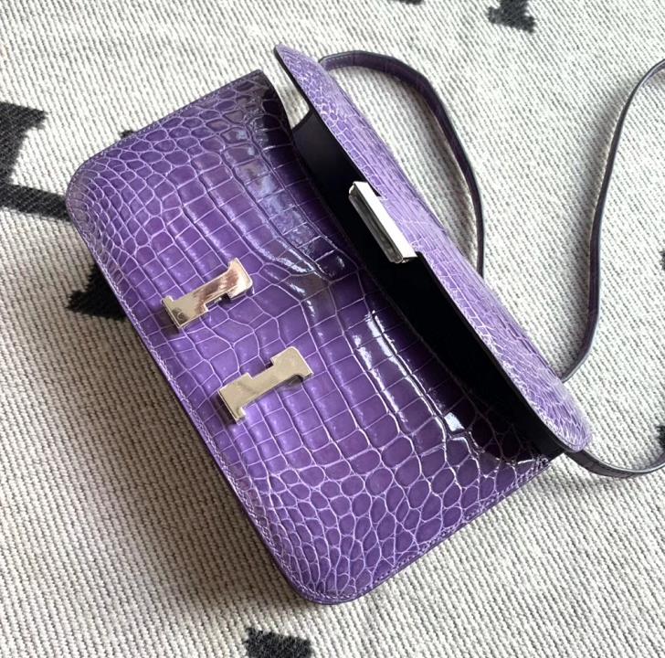 Hermès（爱马仕）Constance空姐包 水晶紫亮面鳄鱼皮 银扣 26cm