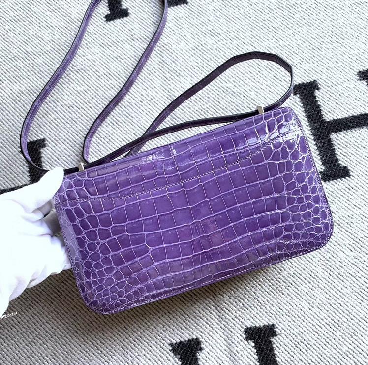Hermès（爱马仕）Constance空姐包 水晶紫亮面鳄鱼皮 银扣 26cm