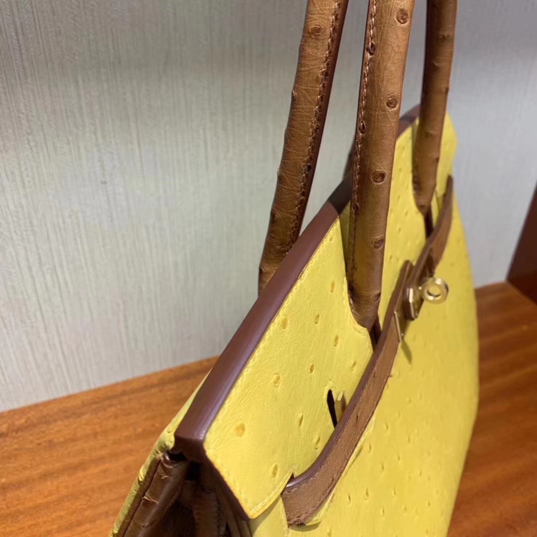 Hermès(爱马仕)Birkin 铂金包 ostrich kk鸵鸟 顶级鸵鸟皮 9D琥珀黄拼金棕色 蜡线全手工 拉丝金扣 30cm-拉尔森鳄鱼皮具定制 - 爱马仕包包官网 Hermès(爱马仕)Birkin 铂金包 ostrich kk鸵鸟 顶级鸵鸟皮 9D琥珀黄拼金棕色 蜡线全手工 拉丝金扣 30cm