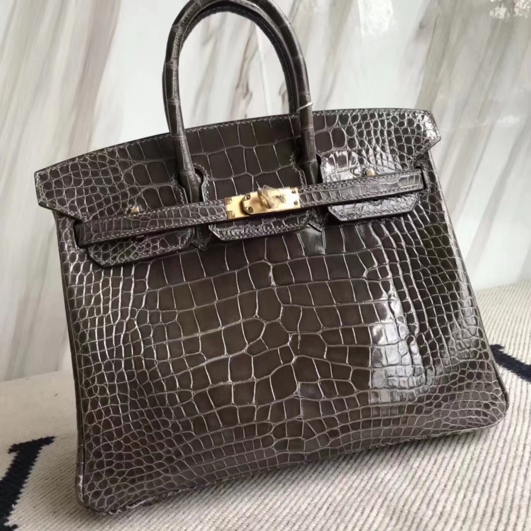 Hermès(爱马仕)Birkin 铂金包 亮面框框美洲鳄 8P铅笔灰 顶级工艺 蜡线全手工 金扣 25cm-拉尔森鳄鱼皮具定制 - 爱马仕包包官网 Hermès(爱马仕)Birkin 铂金包 亮面框框美洲鳄 8P铅笔灰 顶级工艺 蜡线全手工 金扣 25cm