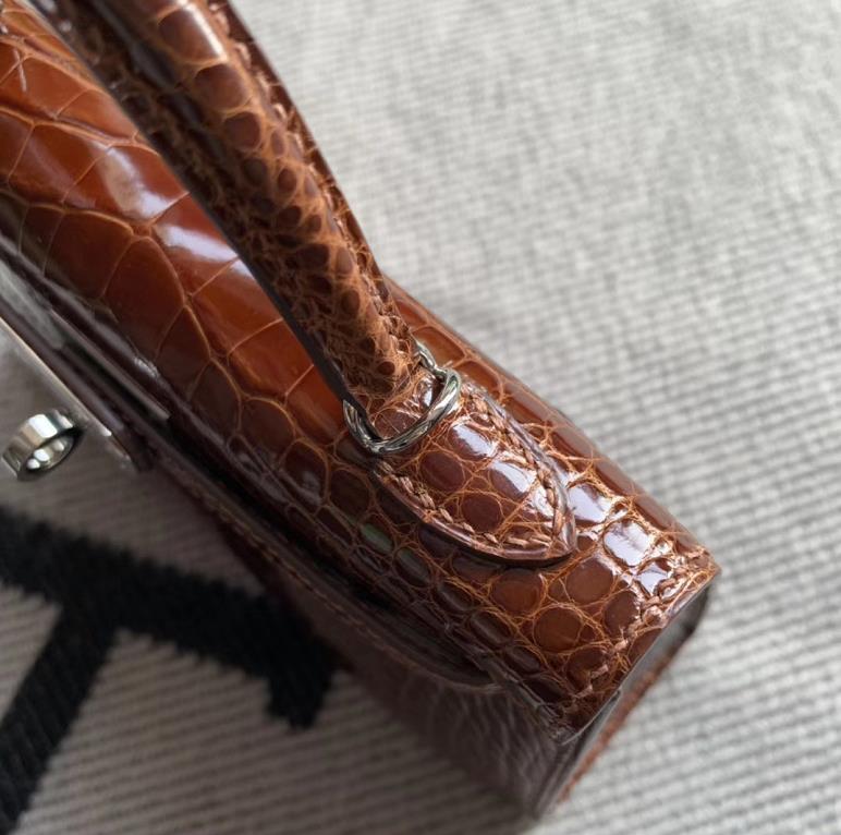 Hermès（爱马仕）Mini Kelly 迷你凯莉 焦糖色 亮面美洲鳄鱼 金扣 2代