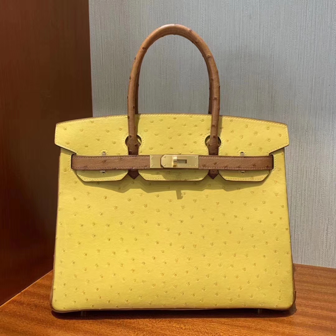 Hermès（爱马仕）Birkin 铂金包 ostrich kk鸵鸟 顶级鸵鸟皮 9D琥珀黄拼金棕色 蜡线全手工 拉丝金扣 30cm