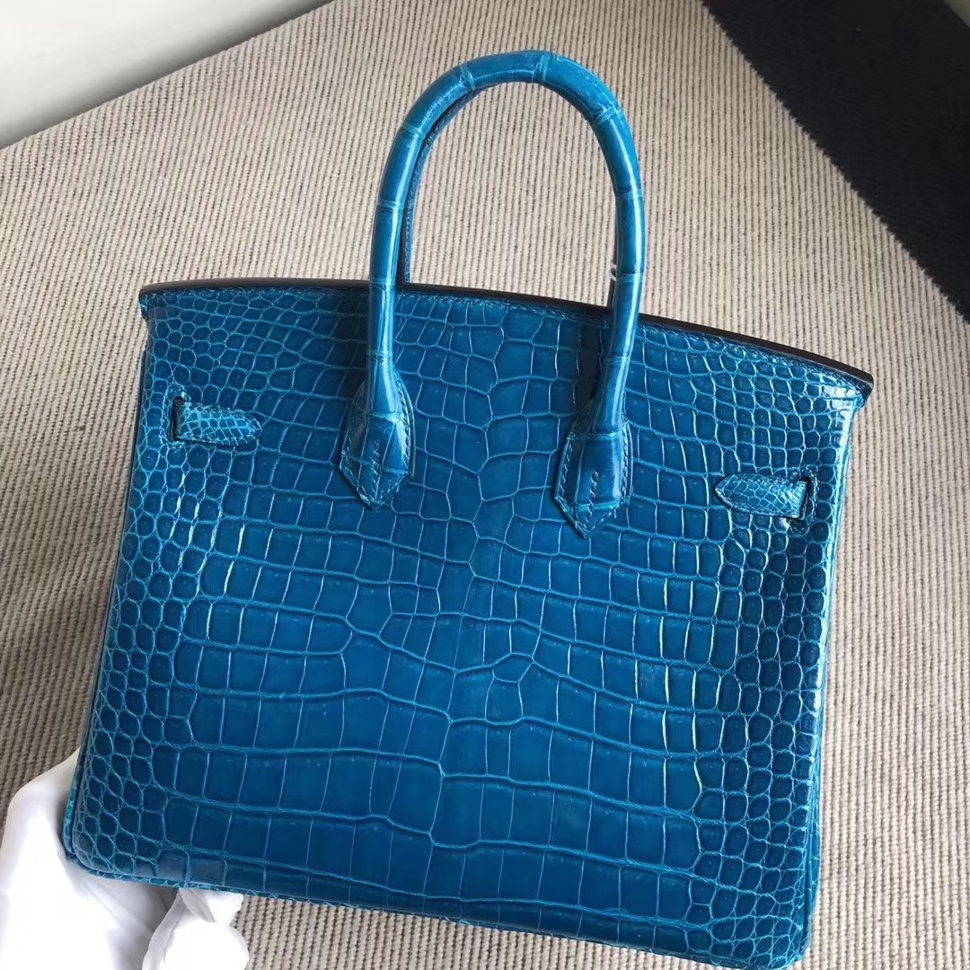 Hermès（爱马仕）Birkin 铂金包 亮面澳洲湾鳄 7W伊兹密尔蓝 顶级工艺 蜡线全手工 银扣 25cm