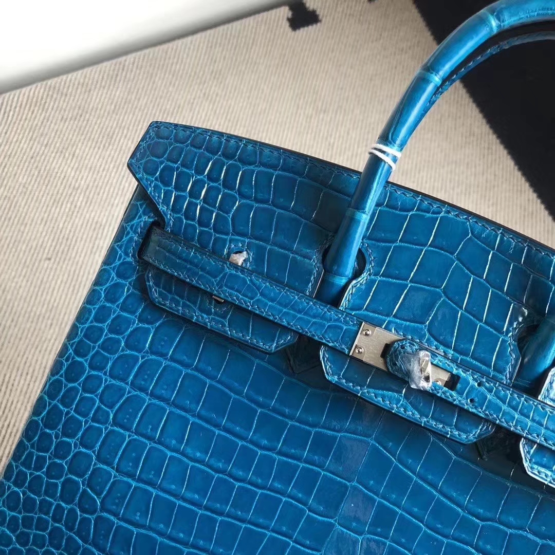 Hermès（爱马仕）Birkin 铂金包 亮面澳洲湾鳄 7W伊兹密尔蓝 顶级工艺 蜡线全手工 银扣 25cm