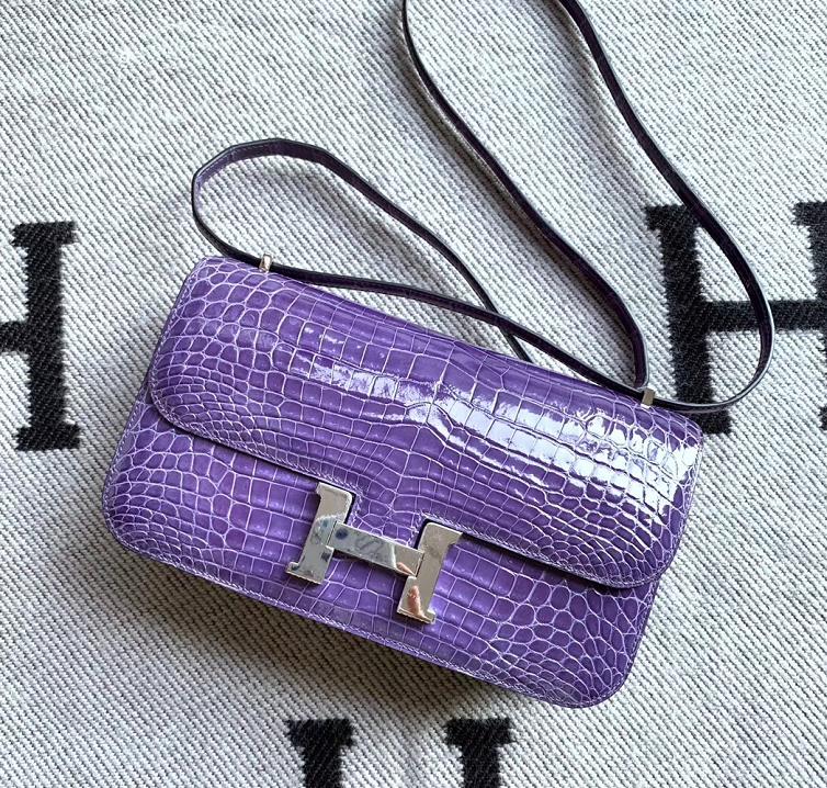 Hermès（爱马仕）Constance空姐包 水晶紫亮面鳄鱼皮 银扣 26cm