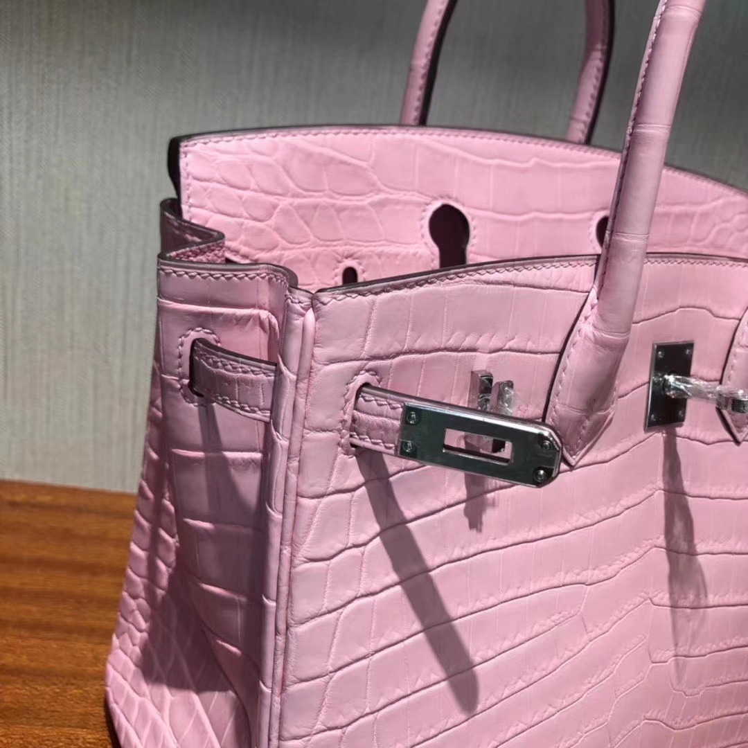Hermès（爱马仕）Birkin 铂金包 雾面两点汨罗鳄 5P樱花粉 顶级工艺 蜡线全手工 银扣 25cm