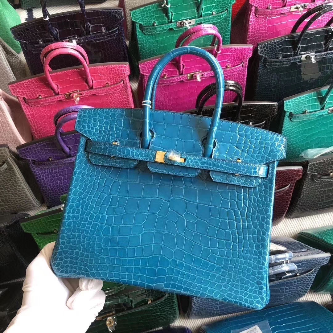 Hermès（爱马仕）Birkin 铂金包 亮面鳄鱼 7w 伊兹密尔蓝 金扣 银扣 25cm 现货