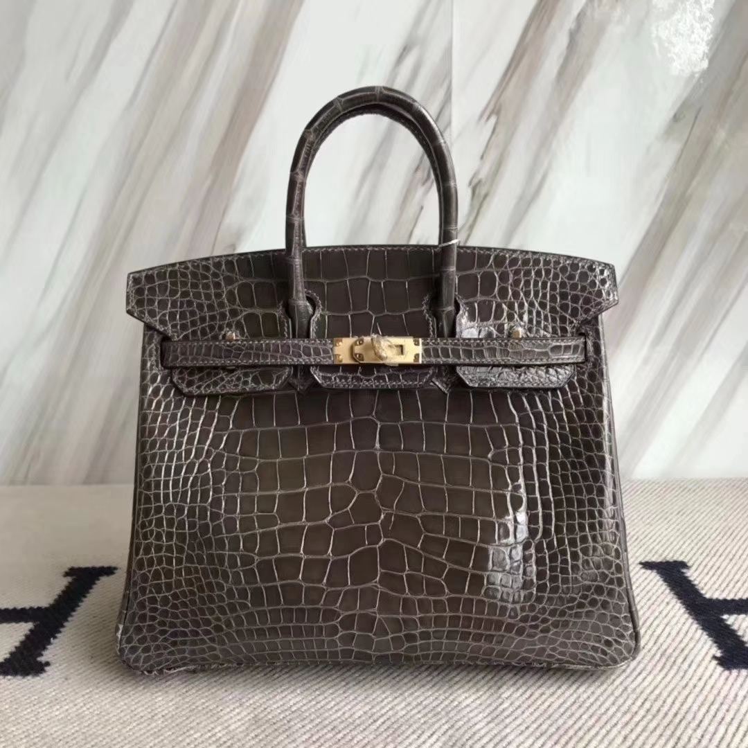 Hermès（爱马仕）Birkin 铂金包 亮面框框美洲鳄 8P铅笔灰 顶级工艺 蜡线全手工 金扣 25cm