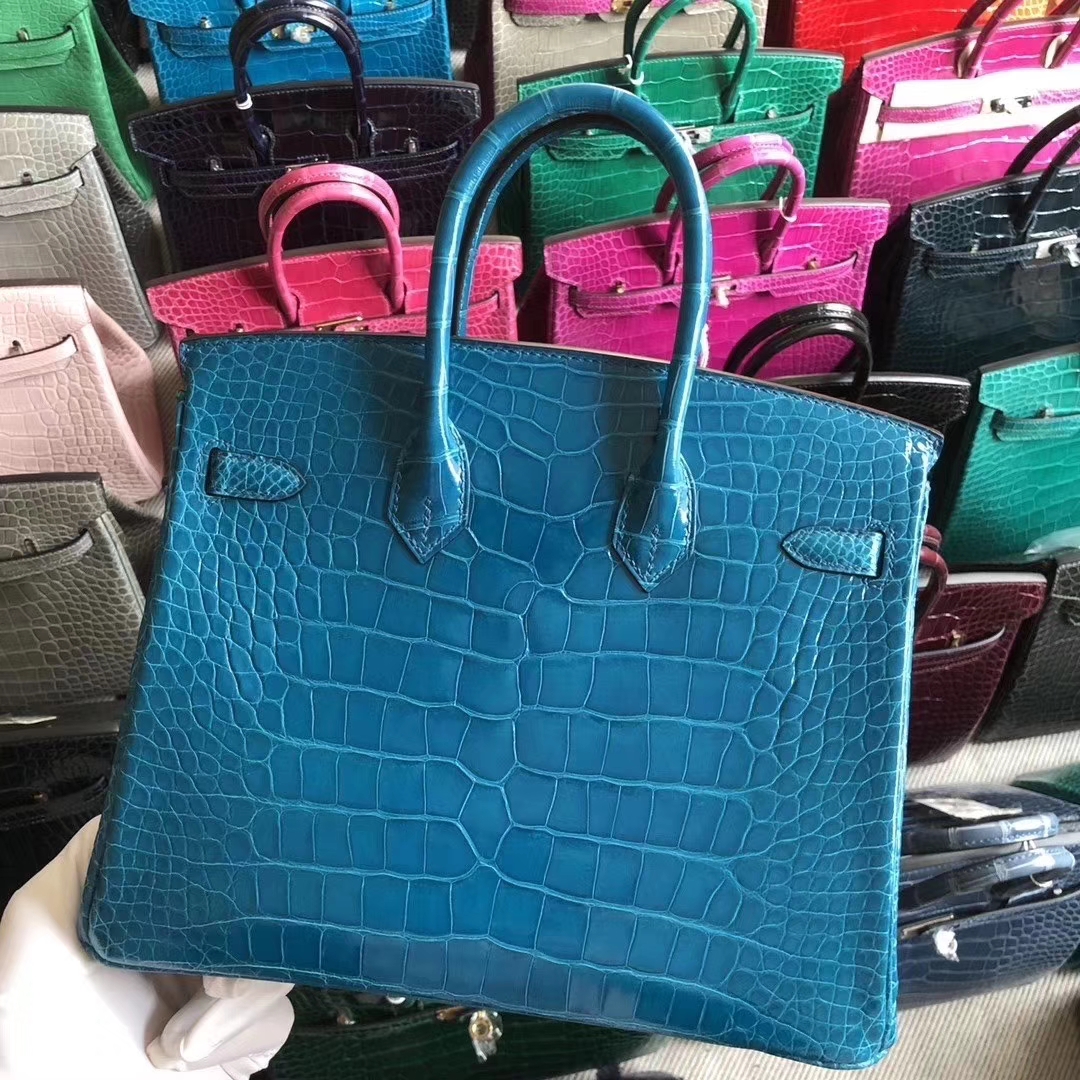 Hermès（爱马仕）Birkin 铂金包 亮面鳄鱼 7w 伊兹密尔蓝 金扣 银扣 25cm 现货