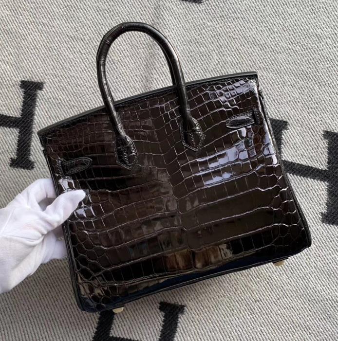Hermès（爱马仕）Birkin 铂金包 ck89黑色 亮面澳洲湾鳄 蜡线全手工 金扣 25cm