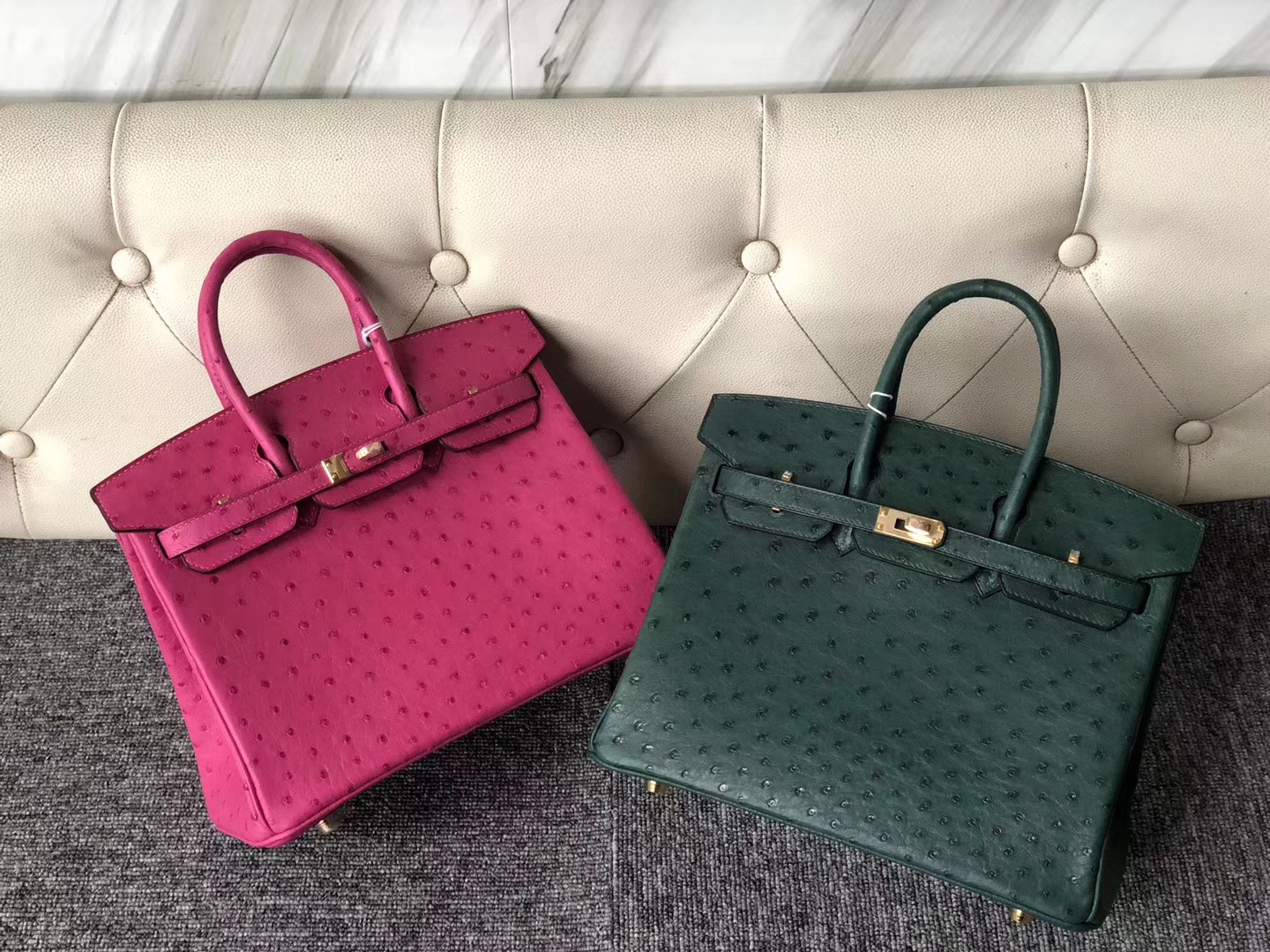 Hermès（爱马仕）Birkin 25cm Ostrich kk 鸵鸟 E5 桃红 vs Z6 孔雀绿