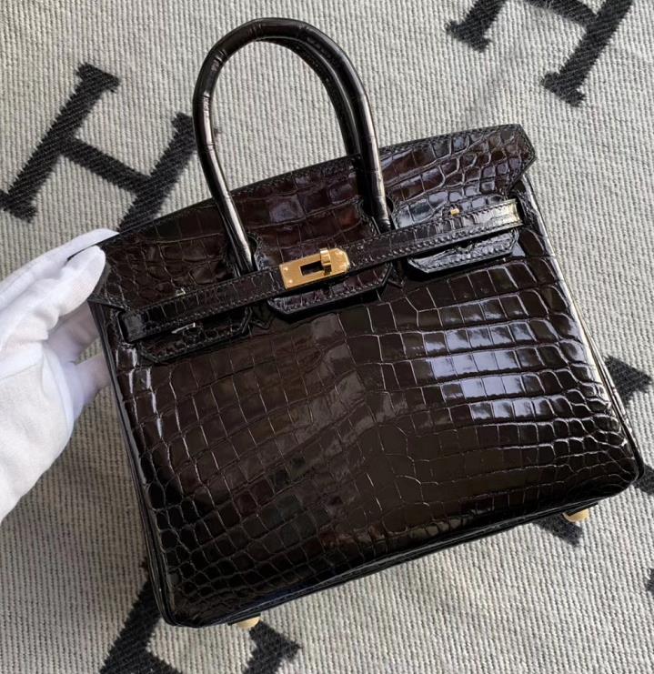 Hermès（爱马仕）Birkin 铂金包 ck89黑色 亮面澳洲湾鳄 蜡线全手工 金扣 25cm