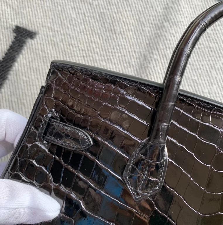 Hermès（爱马仕）Birkin 铂金包 ck89黑色 亮面澳洲湾鳄 蜡线全手工 金扣 25cm