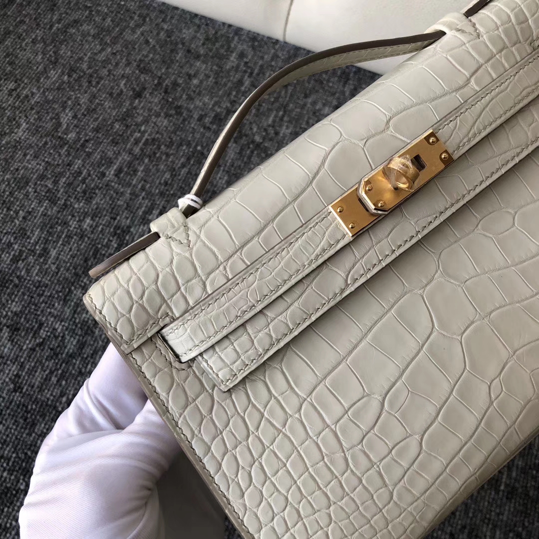 Hermès（爱马仕）Minikelly pochette Alligator  matt 雾面 鳄鱼 8L 奶油白 Beton 手拿包