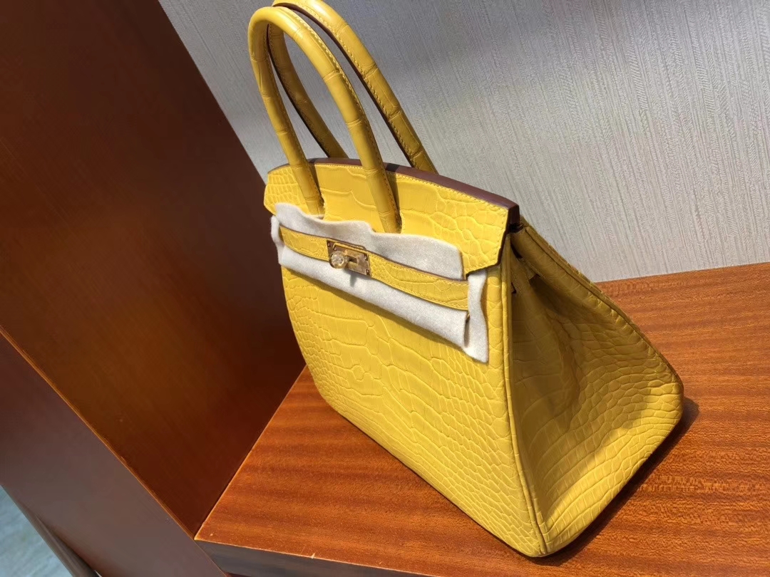Hermès（爱马仕）Birkin 铂金包 雾面鳄鱼 9D 琥珀黄 Ambre 金扣 特殊正品五金 定制 30cm