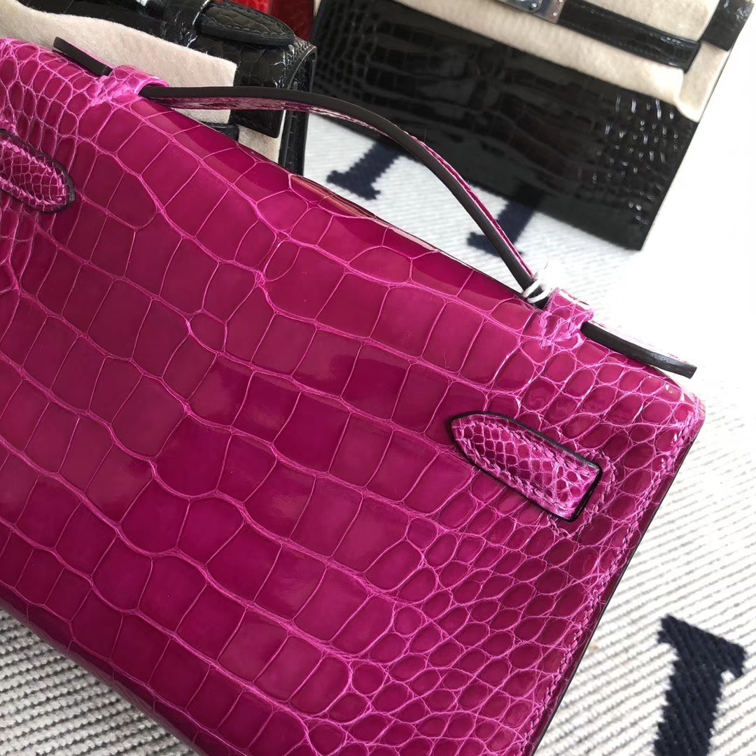Hermès（爱马仕）Minikelly pochette 22cm 亮面鳄鱼 J5 天方夜谭粉紫 银扣  手拿包 晚宴包