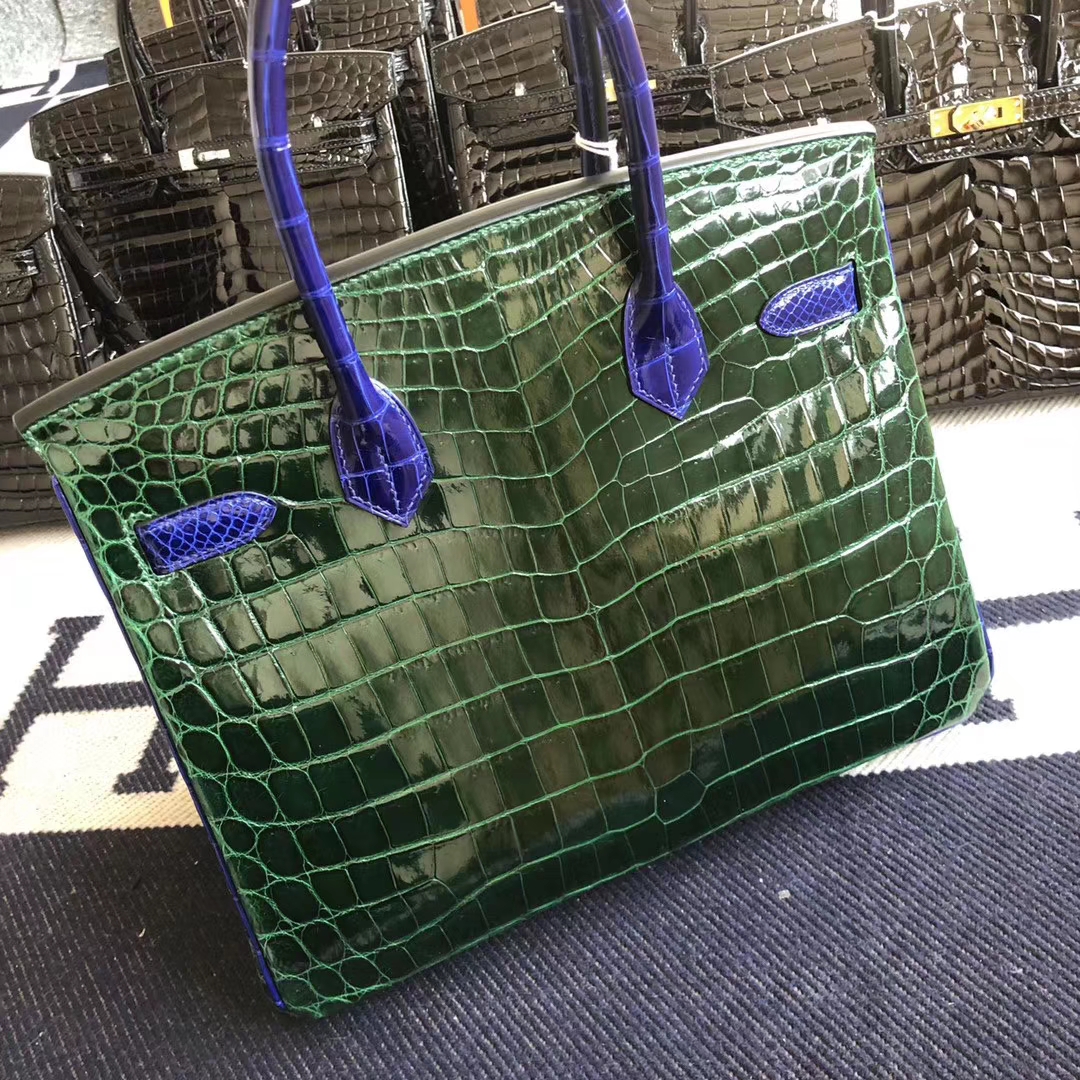 Hermès（爱马仕）Birkin 铂金包 Crocodile shiny 亮面鳄鱼 ck67 祖母绿 7T 电光蓝 金扣 30cm 定制