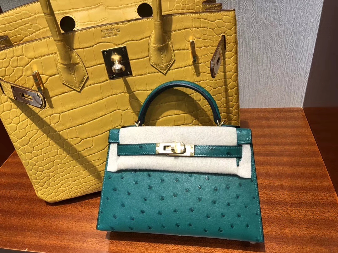 Hermès(爱马仕)Minikelly ll Ostrich kk鸵鸟 孔雀绿 金扣 顶级手缝 现货-拉尔森鳄鱼皮具定制 - 爱马仕包包官网 Hermès(爱马仕)Minikelly ll Ostrich kk鸵鸟 孔雀绿 金扣 顶级手缝 现货