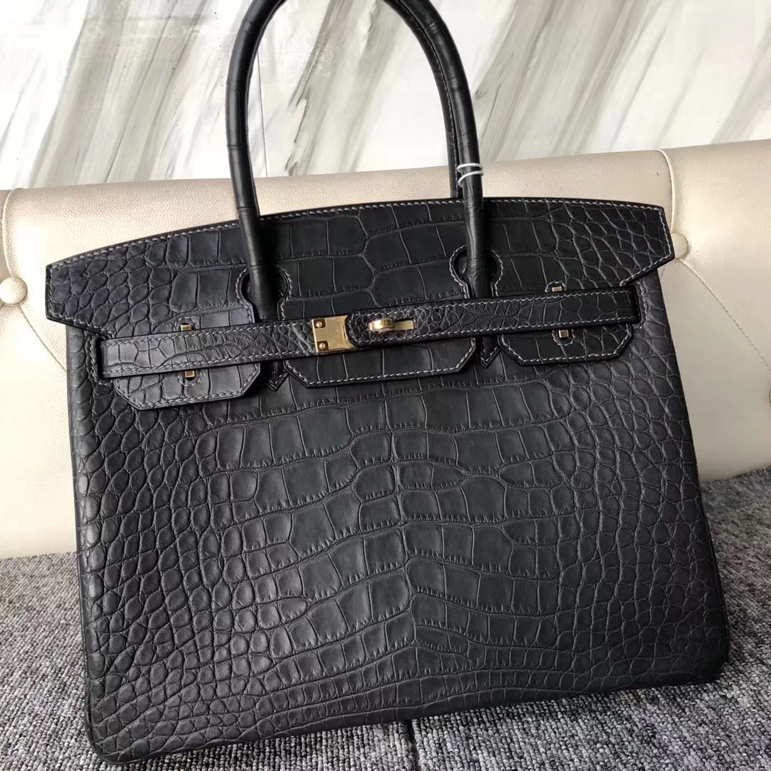 Hermès（爱马仕）Birkin 30cm 亮面鳄鱼 ck89 黑色 Noir 金扣 拱珠 顶级手缝 现货