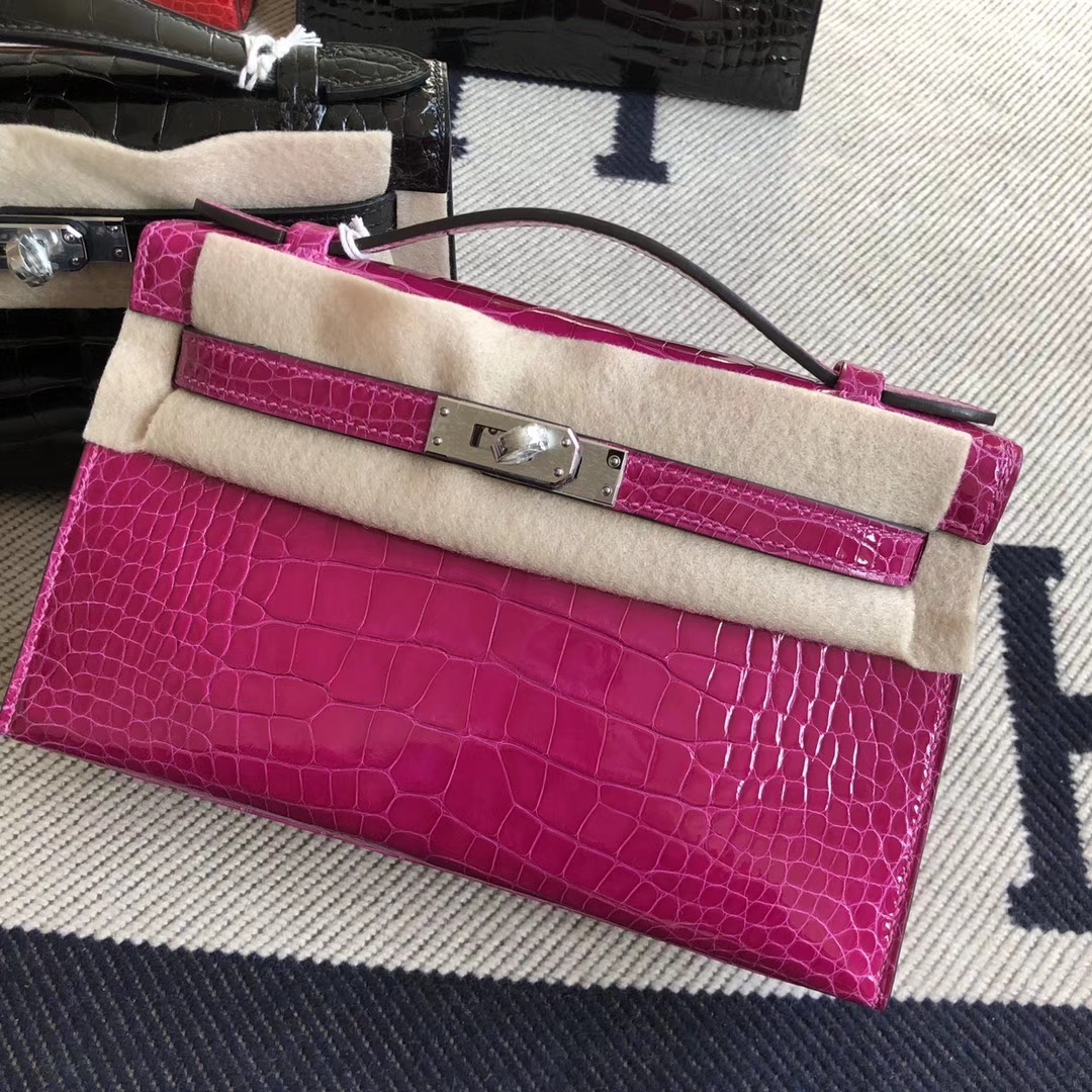 Hermès（爱马仕）Minikelly pochette 22cm 亮面鳄鱼 J5 天方夜谭粉紫 银扣  手拿包 晚宴包