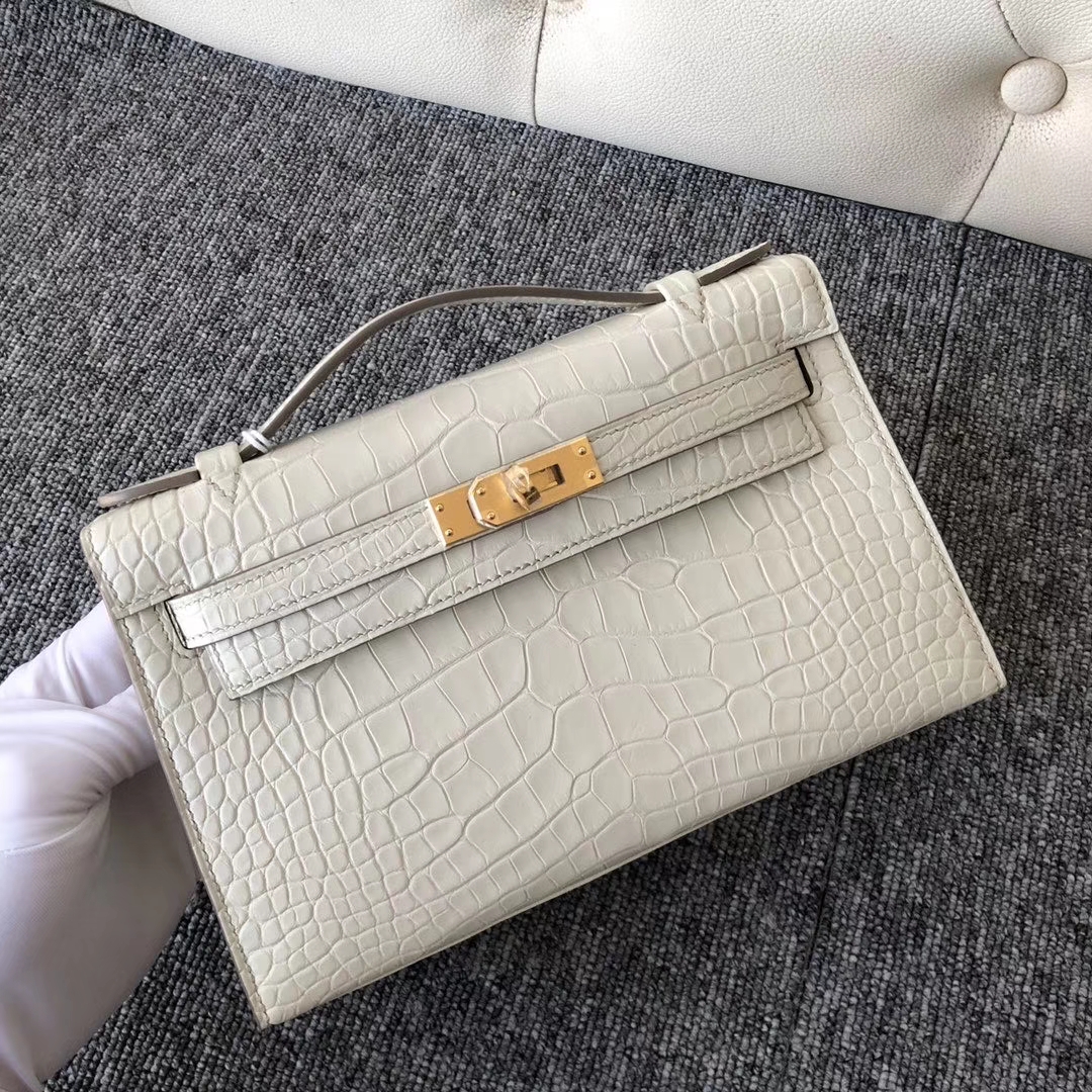 Hermès（爱马仕）Minikelly pochette Alligator  matt 雾面 鳄鱼 8L 奶油白 Beton 手拿包
