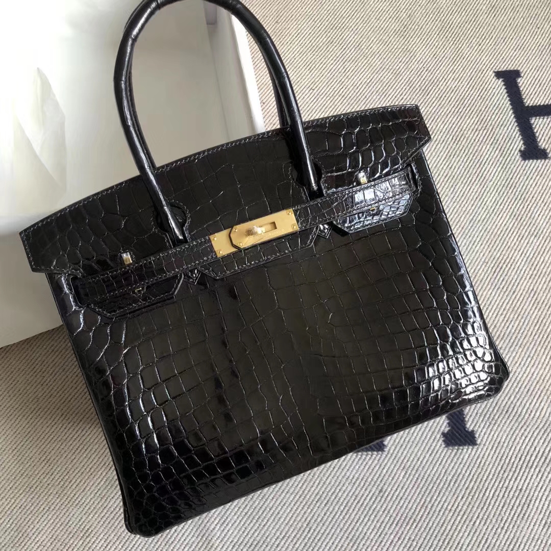 Hermès（爱马仕）Birkin 铂金包 crocodile 亮面两点汨罗鳄 ck89黑色 蜡线全手工 金扣 30cm