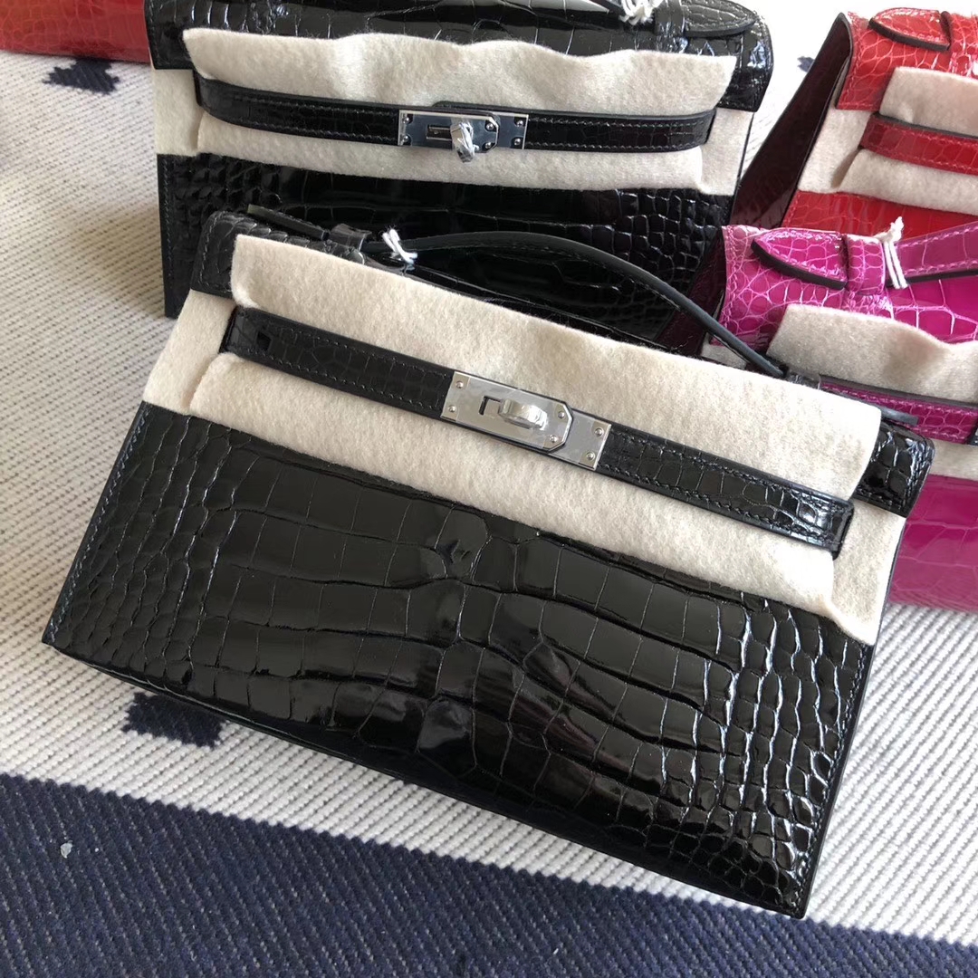 Hermès（爱马仕）Minikelly pochette 22cm Alligator shiny 亮面鳄鱼 ck89黑色 Noir 银扣 手拿包 晚宴包