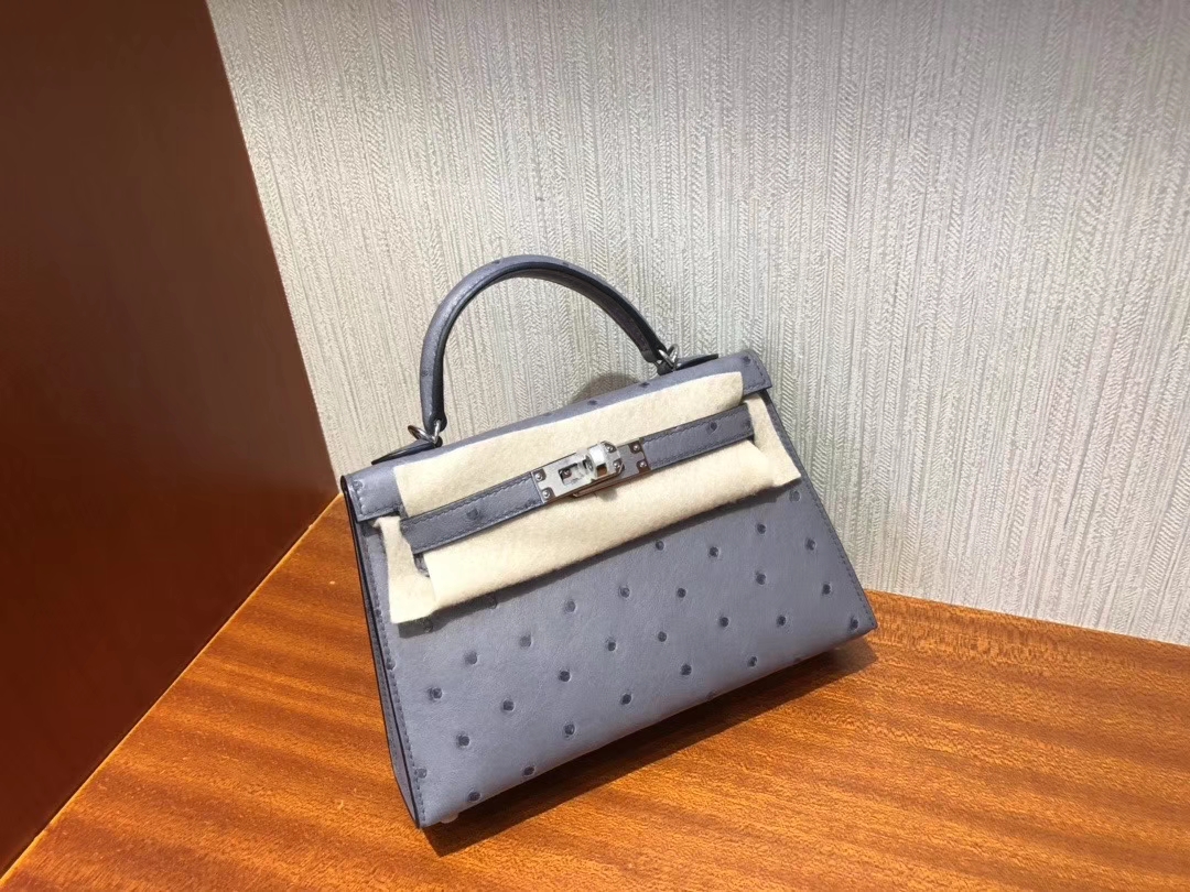 Hermès（爱马仕）Minikelly  ll Ostrich kk鸵鸟 玛瑙灰 银扣 顶级手缝 现货