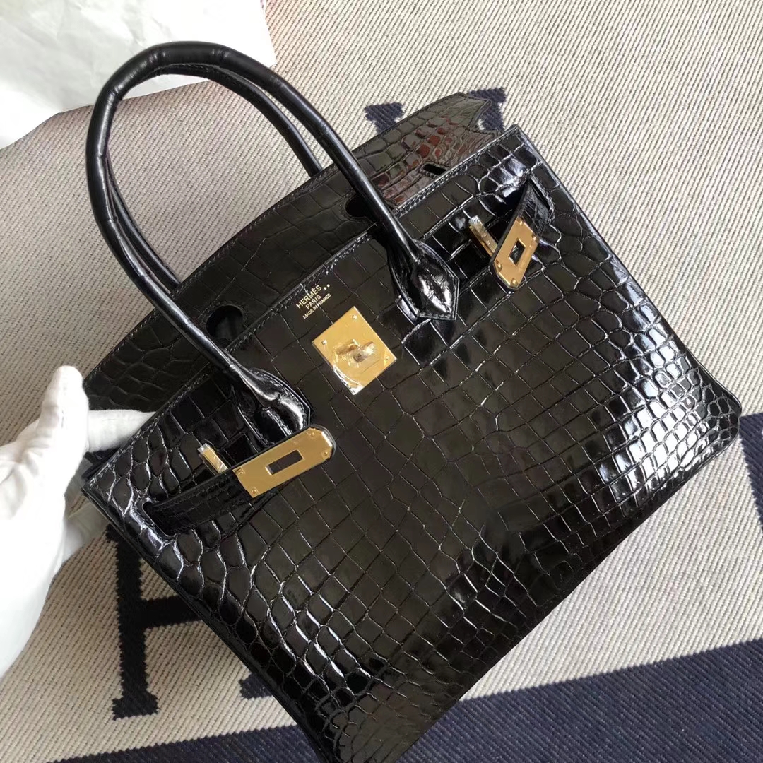 Hermès（爱马仕）Birkin 铂金包 crocodile 亮面两点汨罗鳄 ck89黑色 蜡线全手工 金扣 30cm