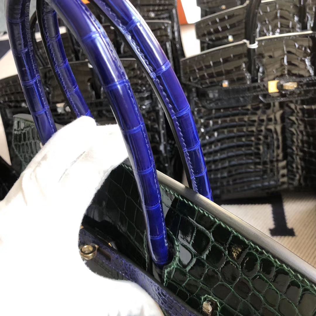 Hermès（爱马仕）Birkin 铂金包 Crocodile shiny 亮面鳄鱼 ck67 祖母绿 7T 电光蓝 金扣 30cm 定制