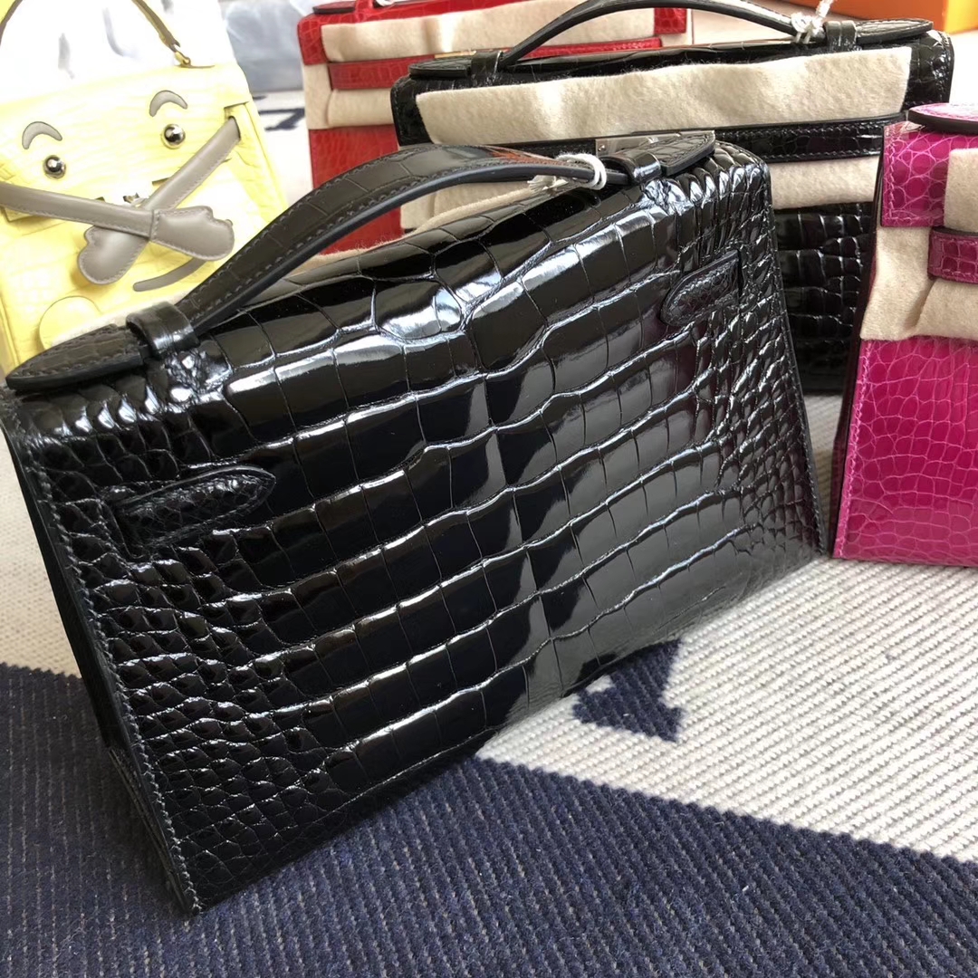 Hermès（爱马仕）Minikelly pochette 22cm Alligator shiny 亮面鳄鱼 ck89黑色 Noir 银扣 手拿包 晚宴包