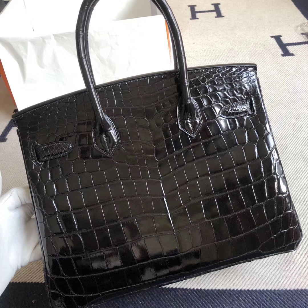 Hermès（爱马仕）Birkin 铂金包 crocodile 亮面两点汨罗鳄 ck89黑色 蜡线全手工 金扣 30cm