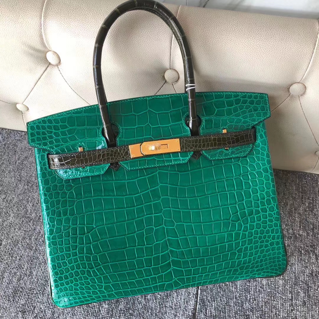 Hermès（爱马仕）Birkin 30cm Porosus shiny 澳洲湾鳄 6Ｑ翡翠绿 6H 橄榄绿 金扣 马蹄印