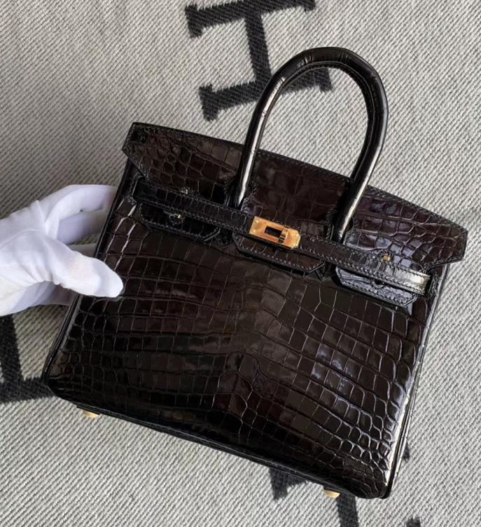 Hermès（爱马仕）Birkin 铂金包 ck89黑色 亮面澳洲湾鳄 蜡线全手工 金扣 25cm